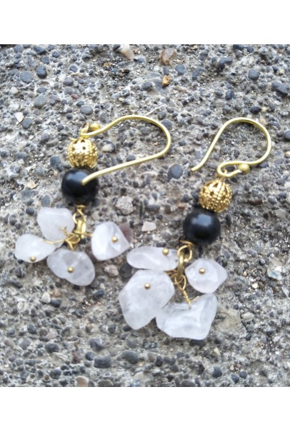 Alphabey's Black & White Gemstone Gold Plated Brass Earrings For Women Alphabey's Black & White Gemstone Gold Plated Brass Earrings For Women